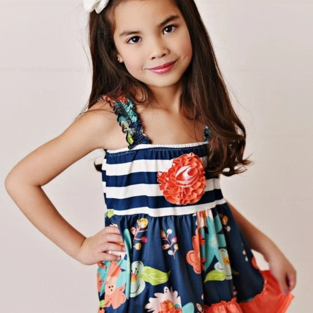 Navy & Coral Print Top With Rosette Detail And Ruffle Shorts - Picture 3 of 13